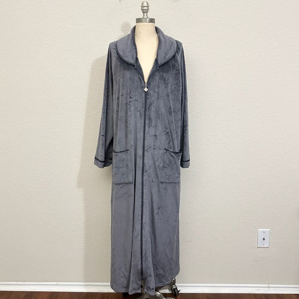 EILEEN WEST Lux Velour Long Robe Gray Fleece Full Zip Loungewear